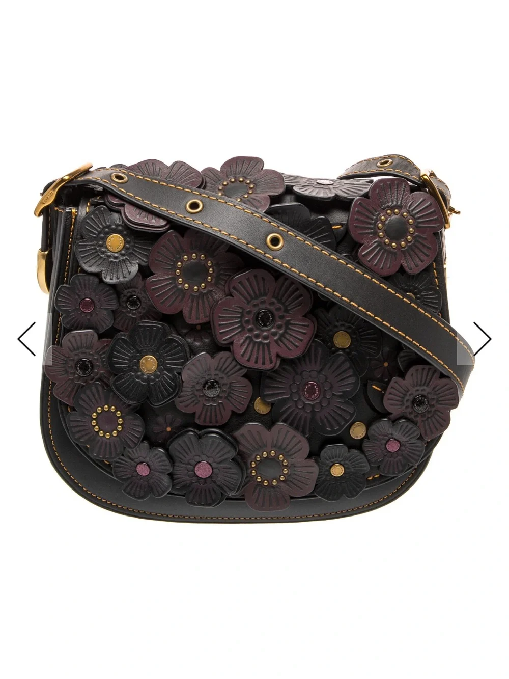 Coach 1941 Camellia Tea Rose Saddle Floral Appliqué Crossbody in Black & Plum